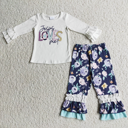 12.6 6 A7-12 RTS No Moq Clearance Baby  Boys Winter Outfits Baby Children Jesus Love Me floral pants fall outfits