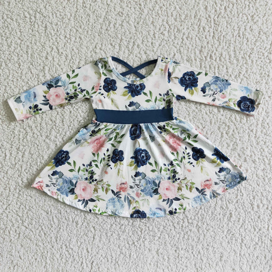 12.6 6 A8-5 Baby Girls Winter Dresses Baby girls navy floral belt knee length dresses