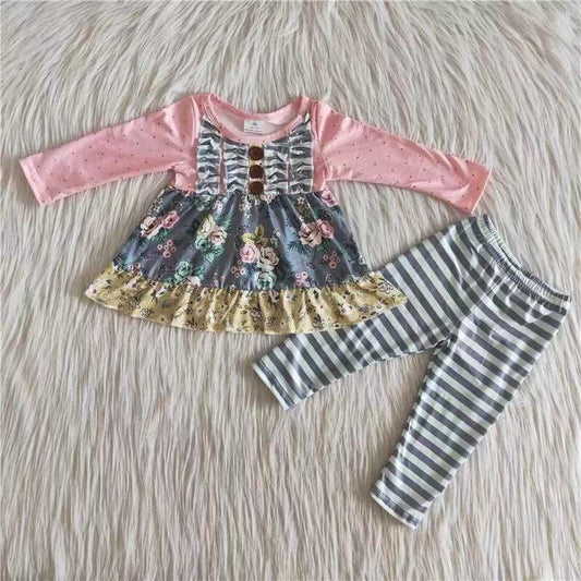10.29 6 B0-17 RTS No Moq Clearance Baby Girls Winter Outfits Pink Grey Floral tunic Stripe legging baby girls fall outfits sets
