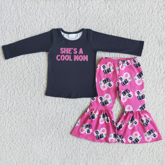 6 B1-32 She is a cool mom shirt bell bottom pants set kids clothes girls