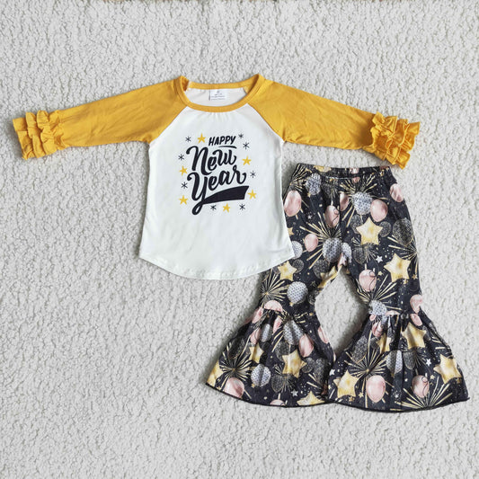11.22 6 B11-2- RTS No Moq Clearance Baby Girls Winter Outfits Baby Girls Happy New year shirt bell bottom pants