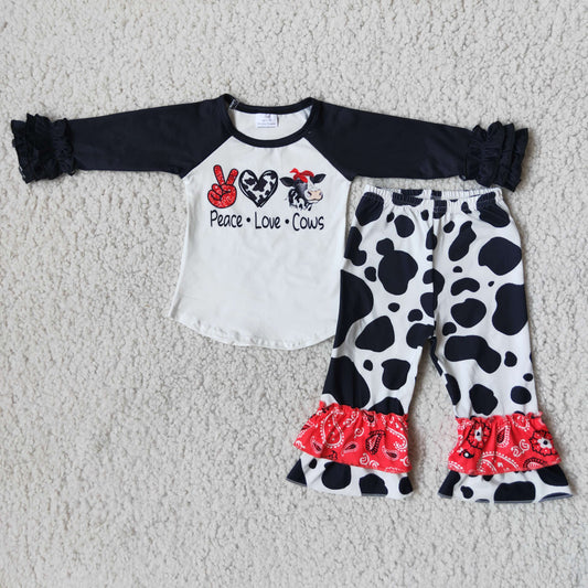 11.22 6 B12-29 RTS No Moq Clearance Baby Girls Winter Outfits Baby Girls Peace love cows ruffle pants sets