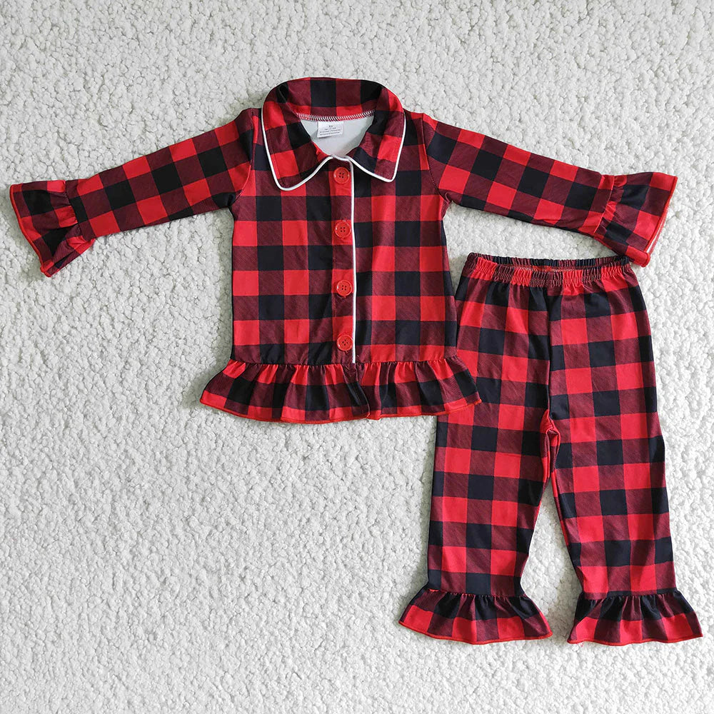 11.13 RTS Sibling Baby Boys Girls Red Checked Button Pants Christmas Pajamas Sets