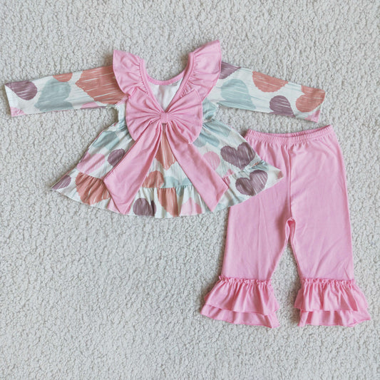 12.27 6 B6-24  RTS No Moq Promotion Baby Girls Valentines pink bow ruffle pants sets