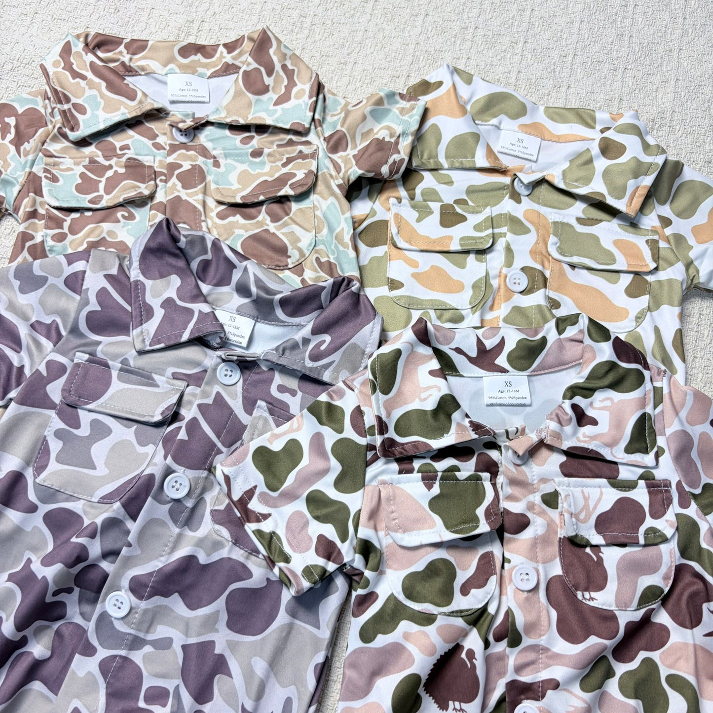 0514 RTS Sibling Short sleeves camo pockets baby boy button romper