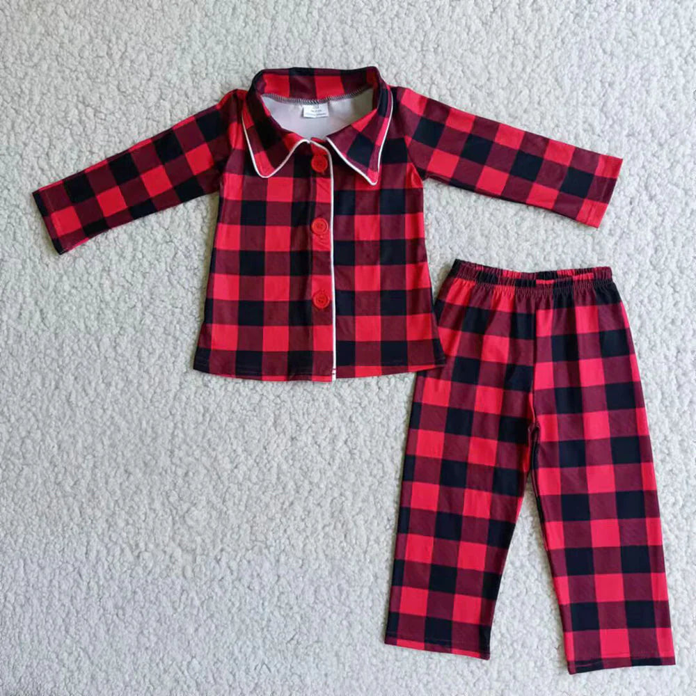 11.13 RTS Sibling Baby Boys Girls Red Checked Button Pants Christmas Pajamas Sets