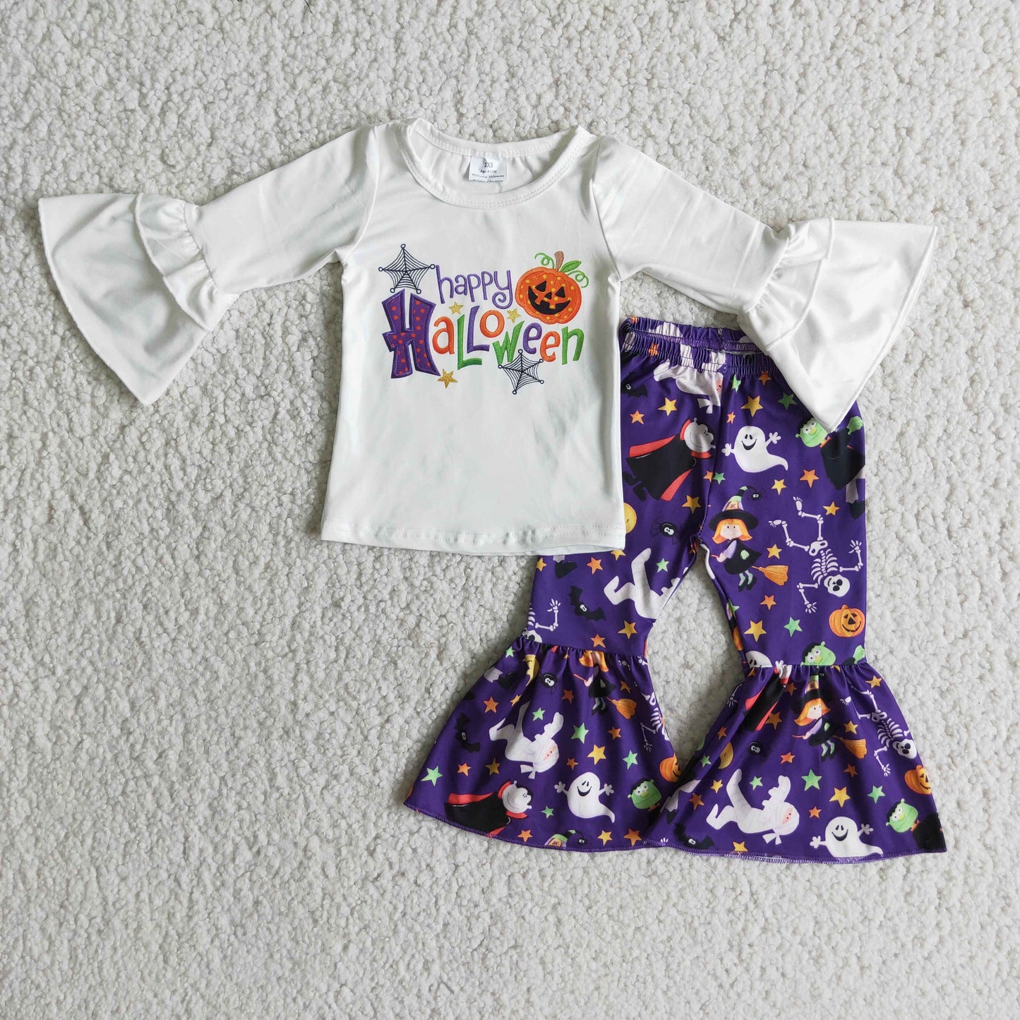 10.4 6 B9-22 RTS No Moq Clearance Baby Girls Winter Outfits Baby girls Happy Halloween shirt bell bottom