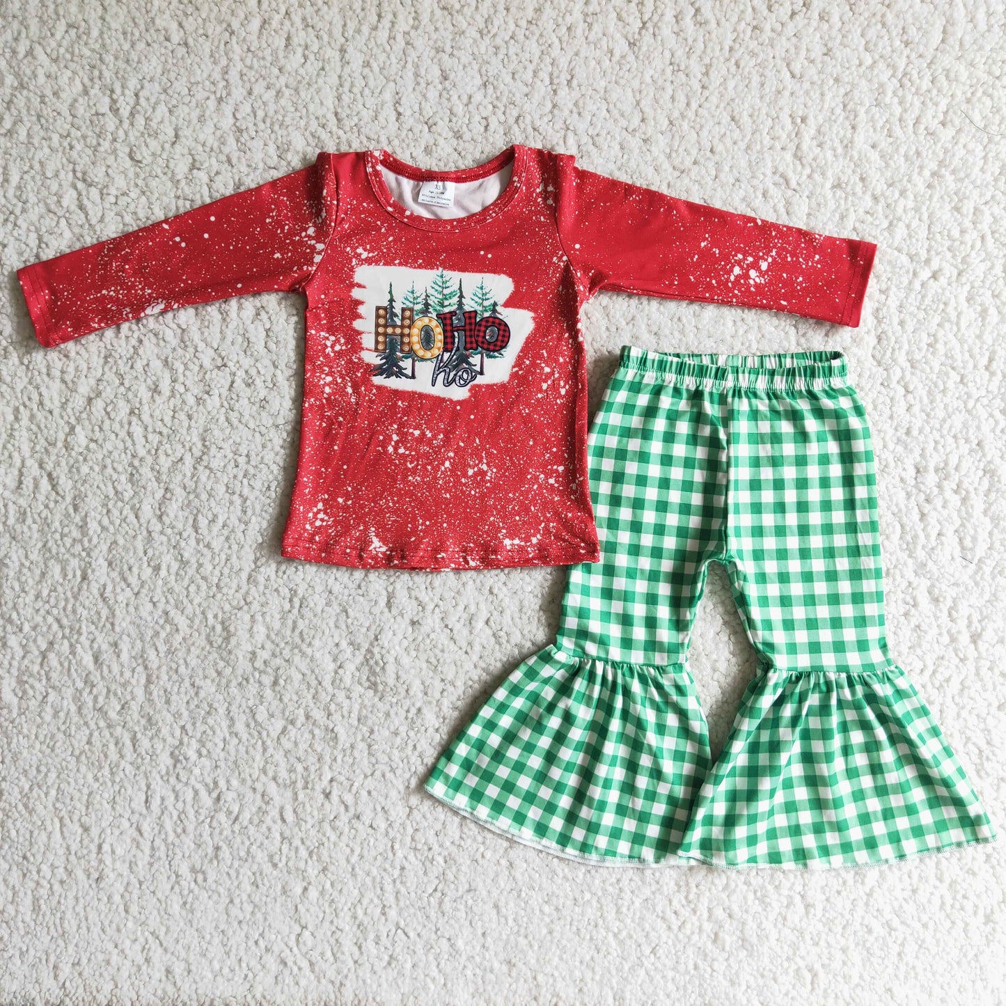 10.29 6 C10-9 RTS No Moq Clearance Baby Girls Winter Outfits Ho ho ho bleached shirt green plaid bell bottom pants girls Christmas outfits