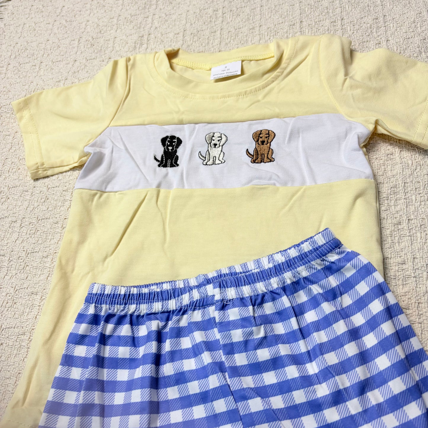 0514 RTS Sibling Short sleeves dog top plaid shorts boys clothing and romper