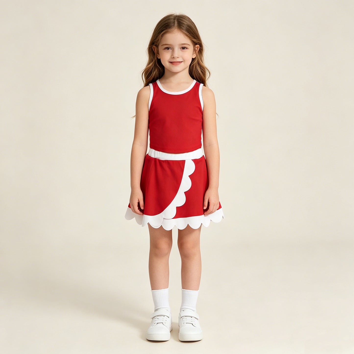 GSD4016 RTS NO MOQ （In stock ）Sleeveless red white scallop girls team active wear set