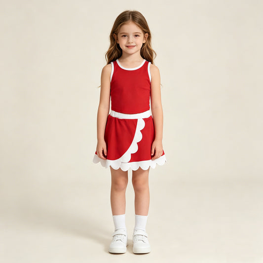 GSD4016 RTS NO MOQ （In stock ）Sleeveless red white scallop girls team active wear set