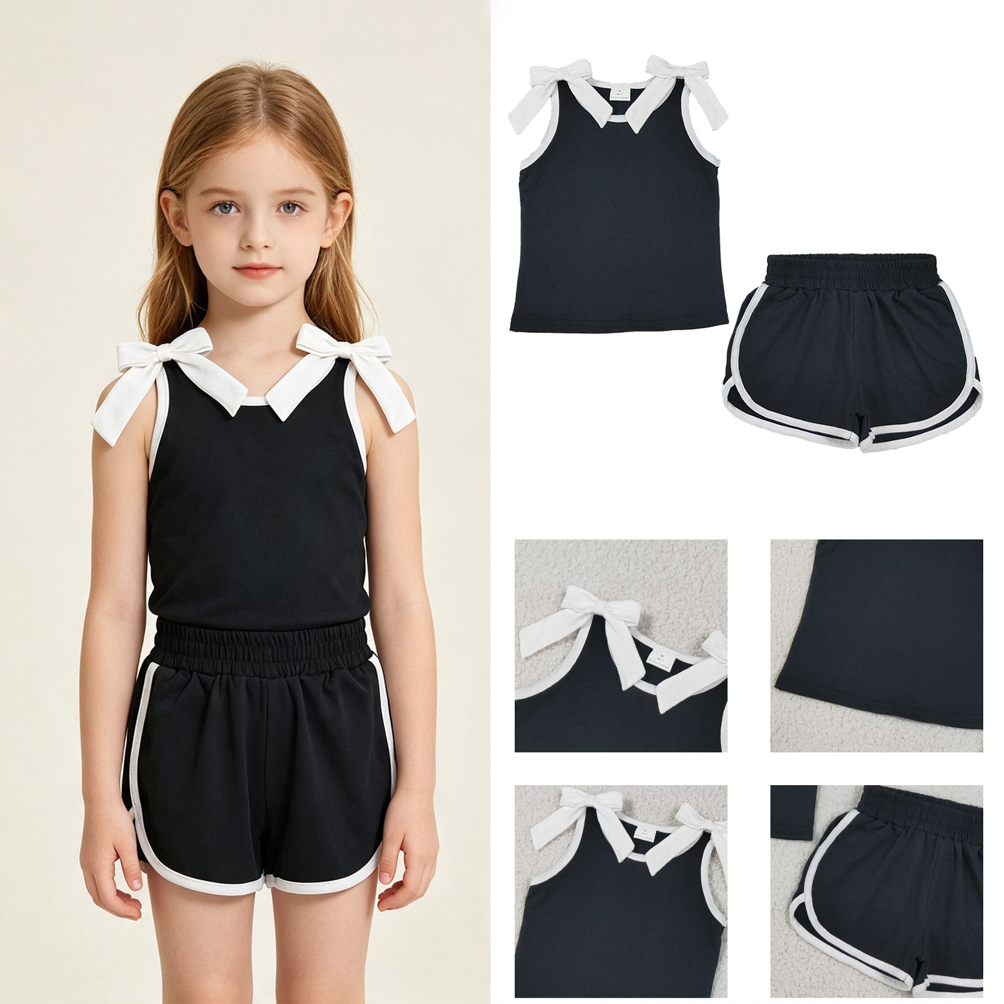 GSSO3817 RTS NO MOQ （In stock）cotton Baby Girls Black White Bows Sleeveless Top Short Clothes Sets