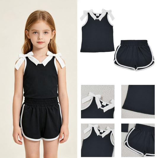 GSSO3817 RTS NO MOQ （In stock）cotton Baby Girls Black White Bows Sleeveless Top Short Clothes Sets
