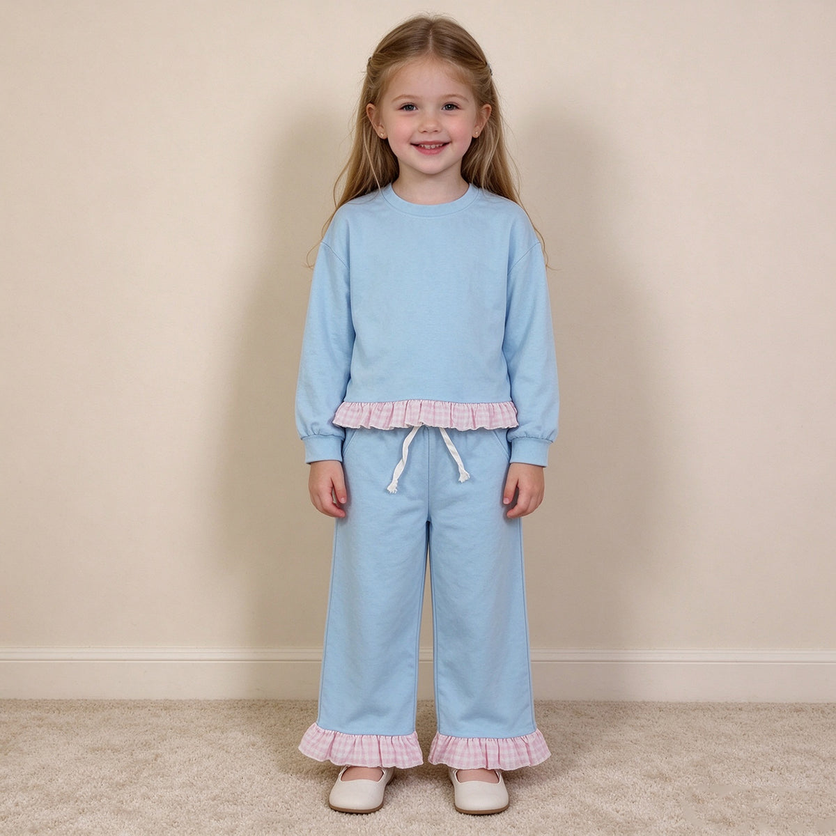RTS NO MOQ （In stock）cotton GLP3753 Baby Girls Light Blue Long Sleeve Top Ruffle Pant Clothes Set