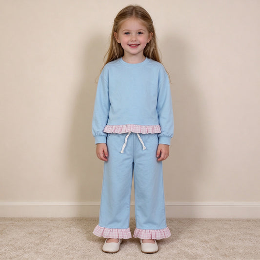 RTS NO MOQ （In stock）cotton GLP3753 Baby Girls Light Blue Long Sleeve Top Ruffle Pant Clothes Set