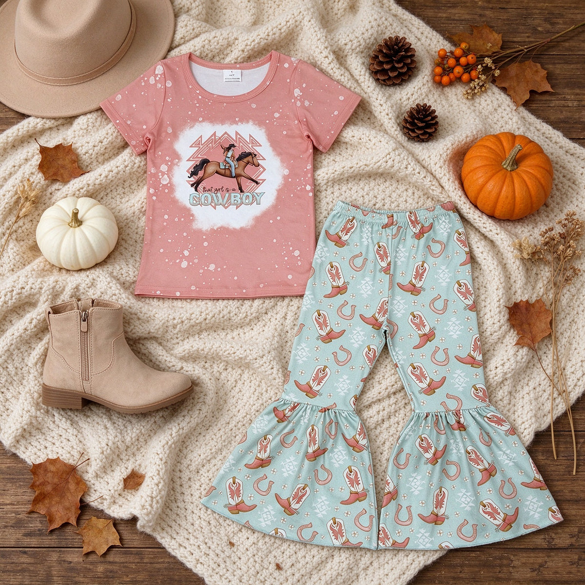 RTS NO MOQ milk silk GSPO1571 Baby Girls Cute Cowboy Rodeo Shirt Boots Bell Pants Clothes Sets