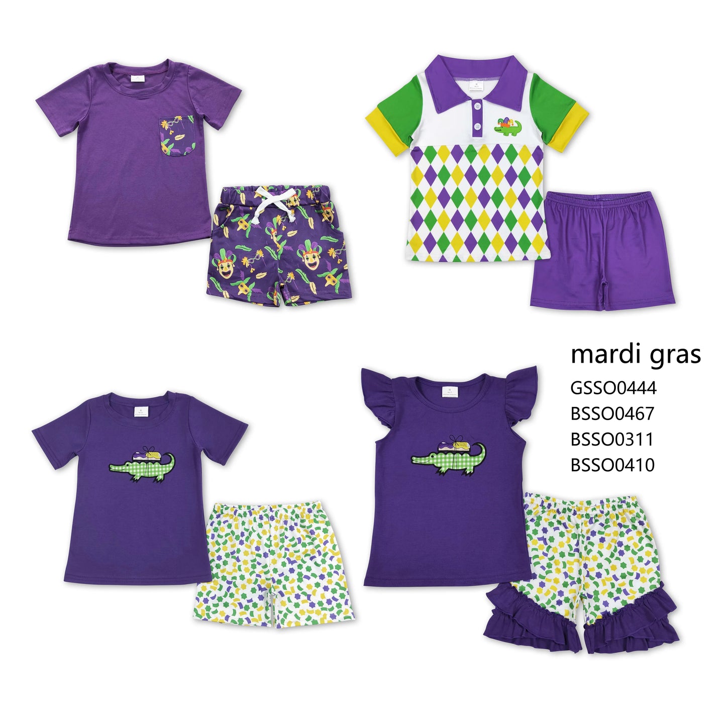 GSSO0444 BSSO0467 BSSO0311 BSSO0410 Baby Girls and Boys Masked Party Purple Short Sleeve Shorts Set