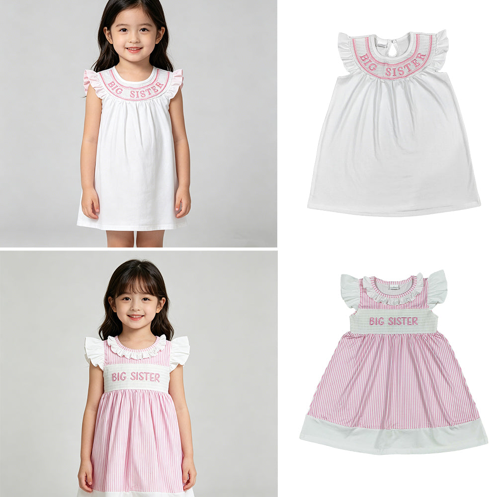 4.14 RTS Sibling Flutter sleeves big sister smocked stripe girls dresses