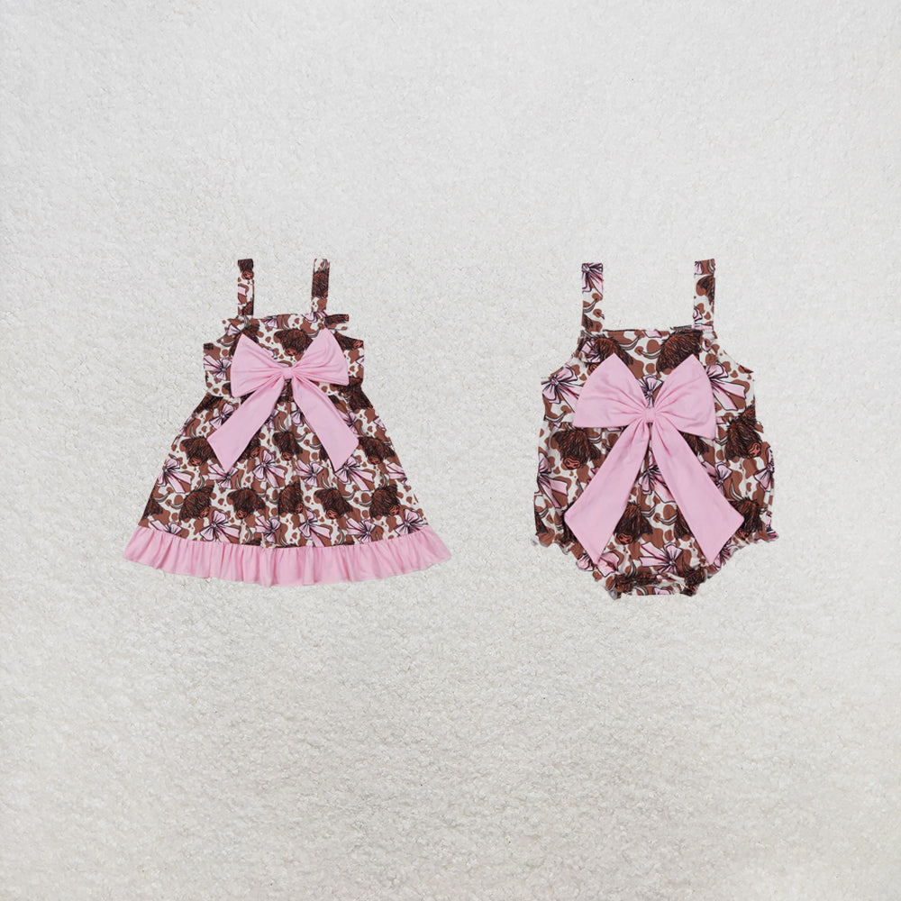 RTS Sibling Straps highland cow bow ruffle western baby girls dresses and romper