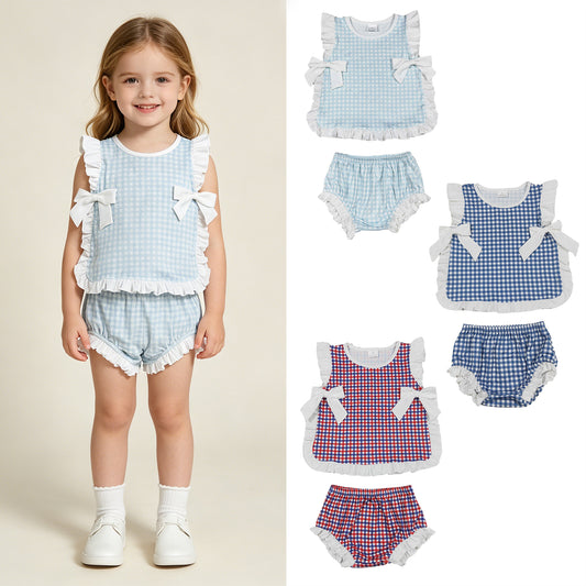 RTS Sibling  plaid baby girls 4th of july bummies set