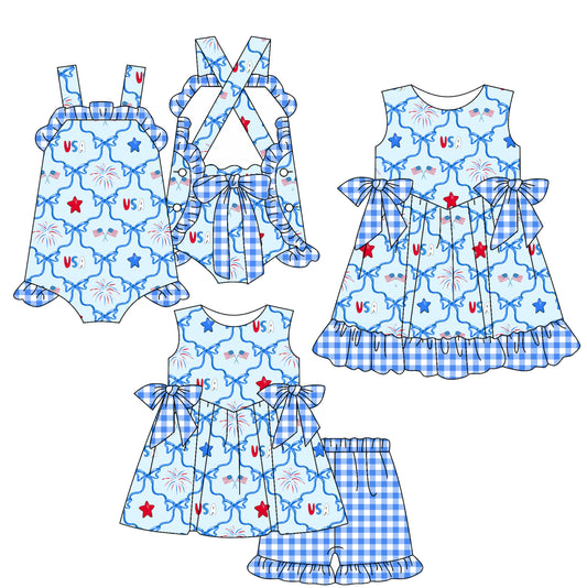 Kids Sleeveless Light Blue Bow Flag Stars Outfit Girls 4th of July Patriotic Clothing