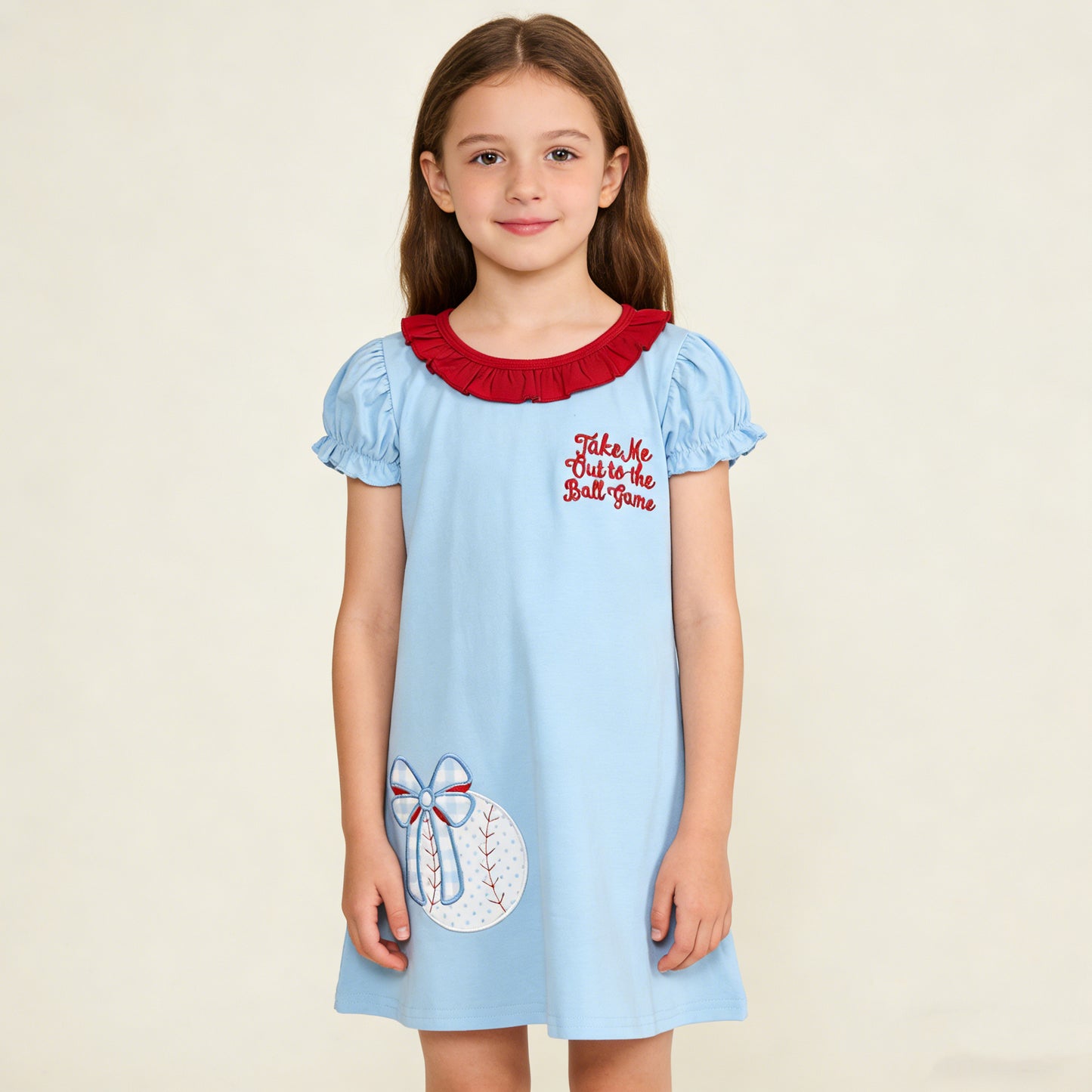 4.7 GSD3685 RTS NO MOQ （In stock) Short sleeves baseball bow kids girls dresses