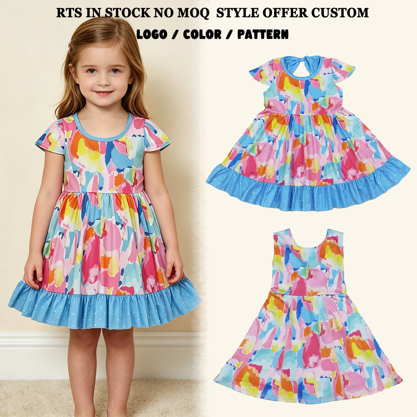 RTS NO MOQ Sibling milk silk Baby Girls Short Sleeves Tie‑dye Print Pockets Ruffle Knee Length Dresses