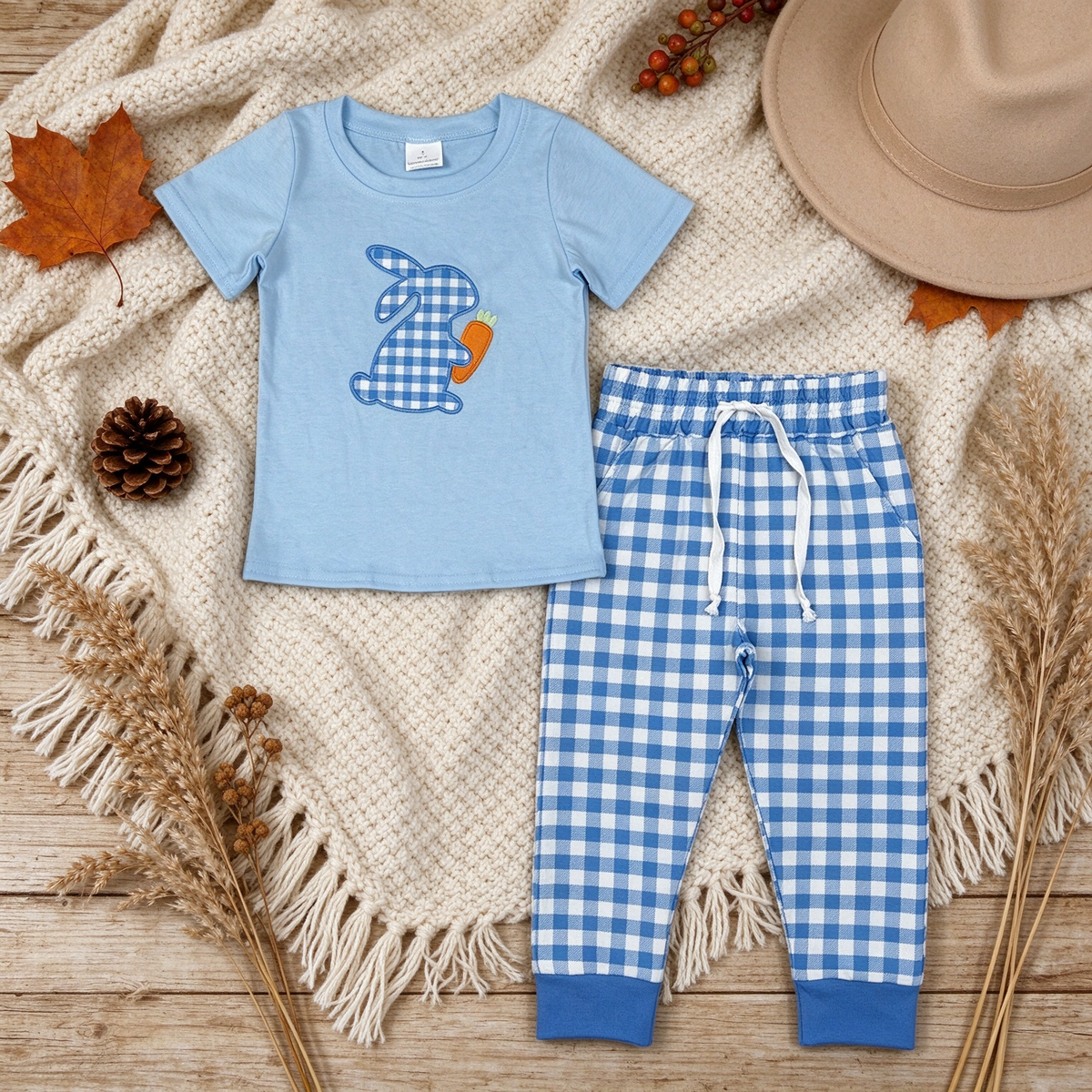 RTS NO MOQ （In stock）milk silk BSPO0705 Embroidery Baby Boys Rabbit Carrots Easter Long Sleeve Top Jogger Pants Sets