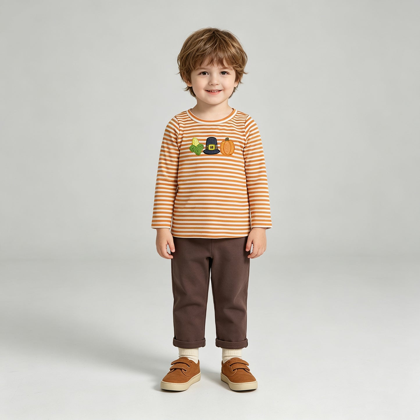 BLP1442  RTS NO MOQ （In stock）milk silk Embroidery Baby Boys Orange Stripe Pumpkin Embroidery Top And Pants Holiday Clothes Set