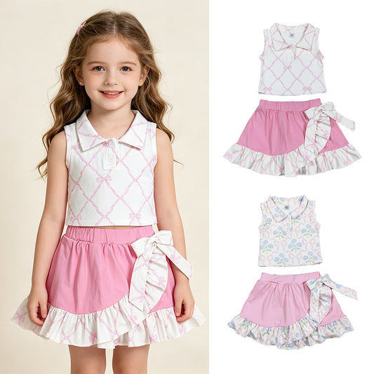 RTS NO MOQ （In stock ）Sleeveless bow floral top ruffle skirt girls activewear set