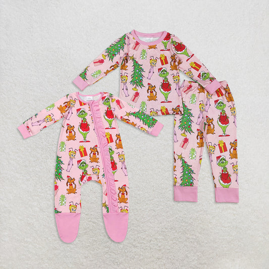RTS Sibling Baby Girls Winter Outfits Christmas Tree Green Face Pajamas Rompers Gift Cute Holiday Sleepwear for Children