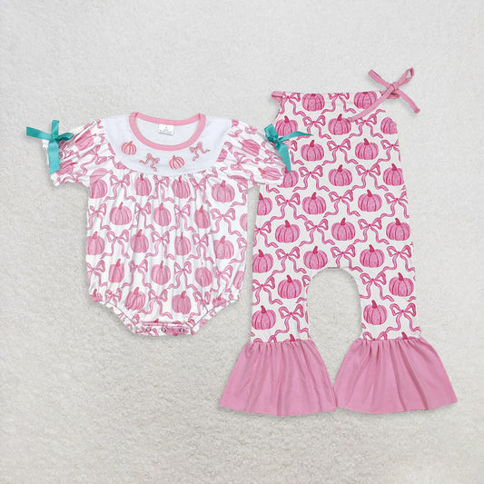 RTS Sibling Baby Pink Bow Pumpkin Halter Jumpsuit Rompers for Baby Girls Fall Season Fashionable And Cute Baby Outfit