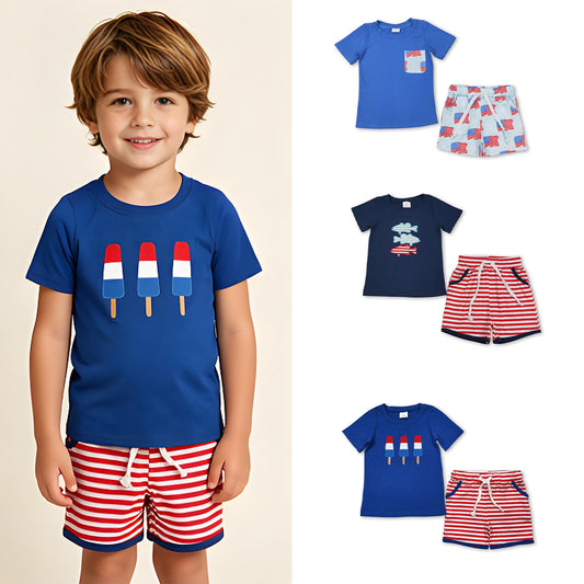 RTS Sibling Blue  top stripe shorts boys 4th of july outfits