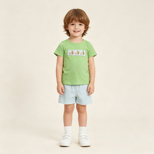 BSSO1946 RTS NO MOQ （In stock ）Short sleeves duck embroidery top stripe shorts boys outfits