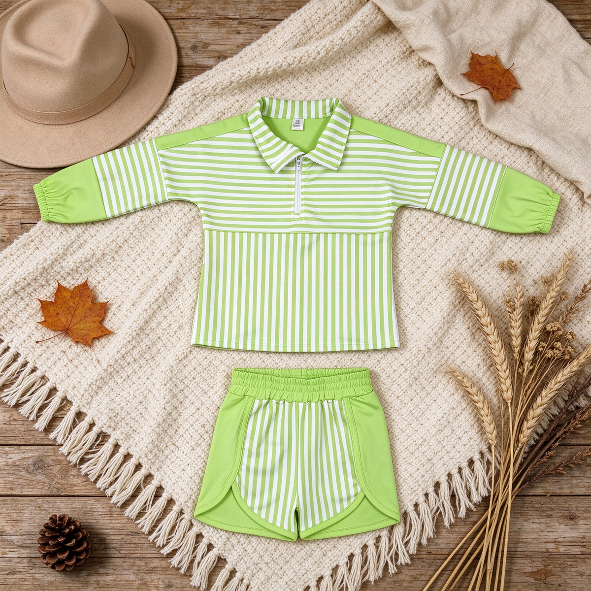 RTS NO MOQ （In stock）yoga fabric GLS0109 (GT1718+SS0952) Yoga Baby Girls Green Stripe Print Zip Pullover Matching Shorts Two Piece Yoga Active Set