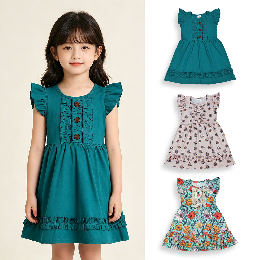 4.11  RTS NO MOQ （In stock ）Baby Girls Flutter Sleeve Flowers Button Ruffle Knee Length Dresses