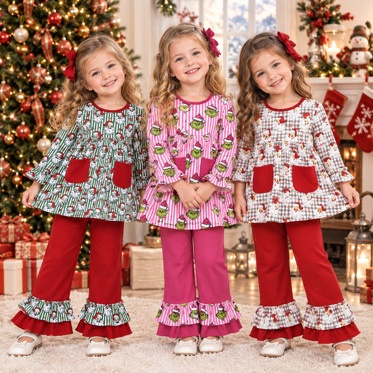 RTS NO MOQ Sibling milk silk Girls Christmas Print Long Sleeve Pocket Tunic Top And Ruffle Hem Pants Sibling Matching Outfit