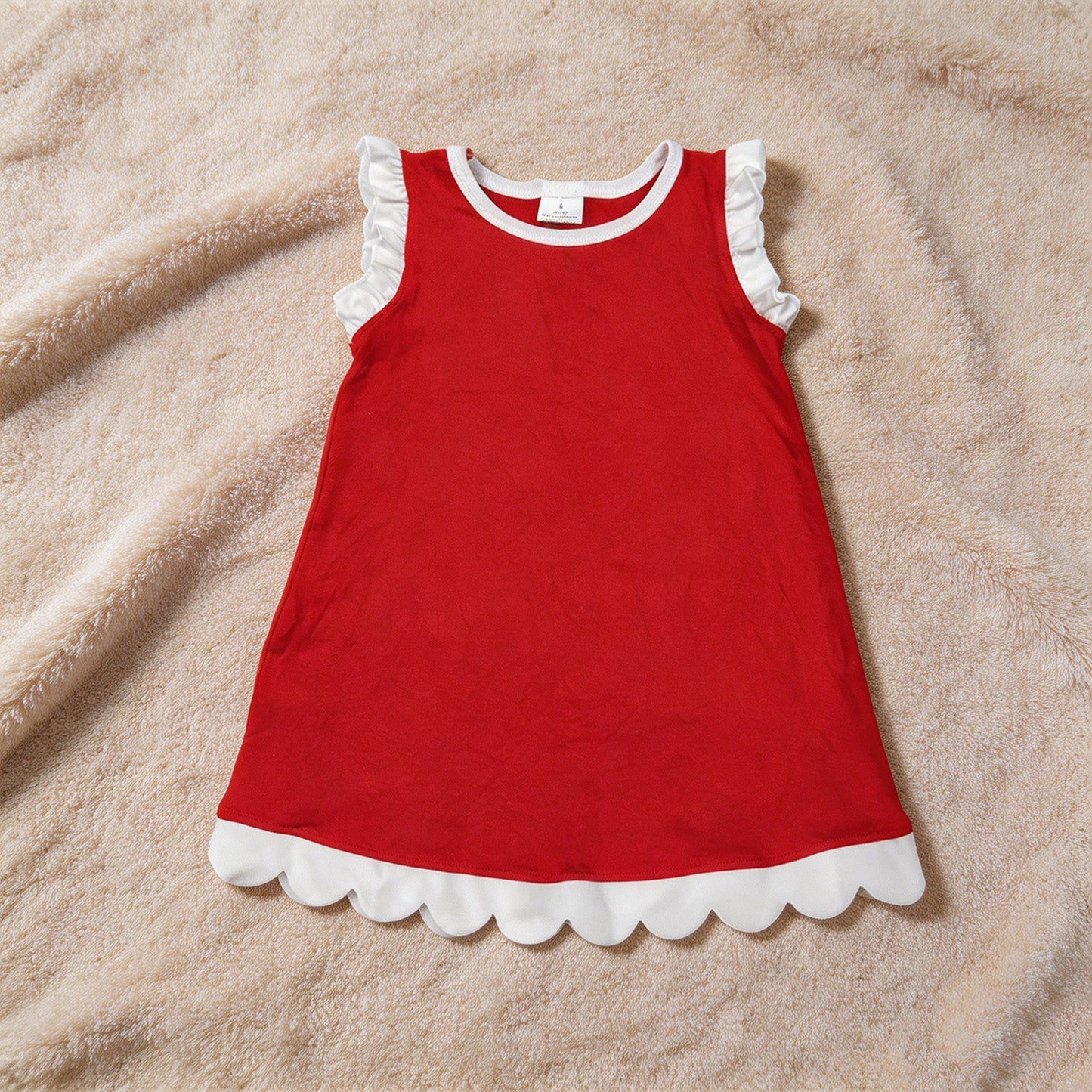 GSD4047 RTS NO MOQ （In stock）White scallop ruffle sleeveless red girls cotton team dress
