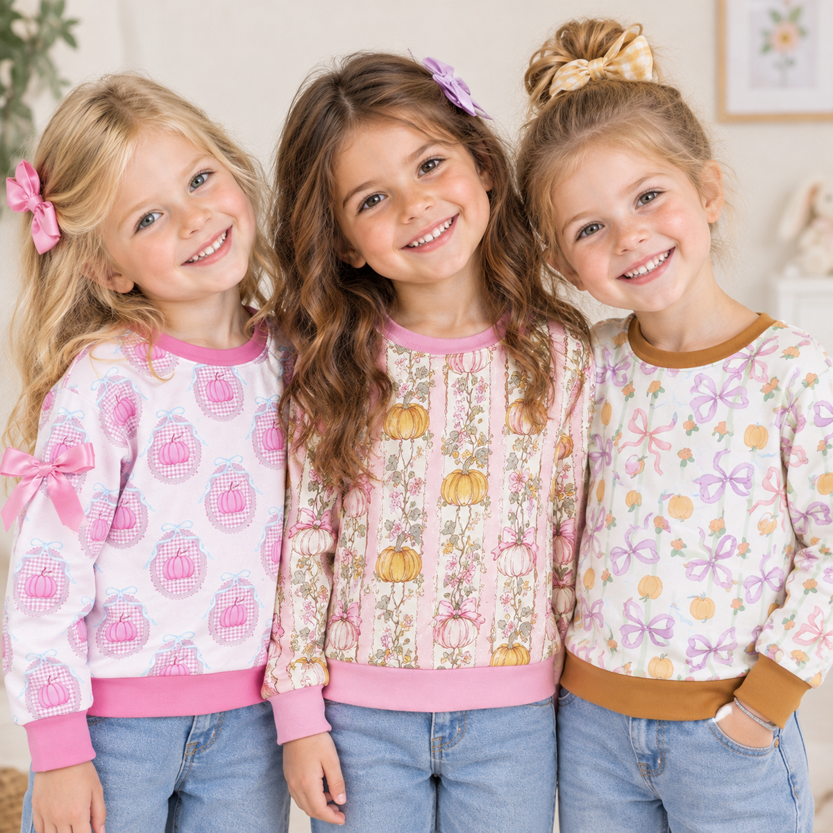 RTS NO MOQ Sibling Baby Girls Long Sleeve Flowers Pumpkins Bows Fall T-shirts Top