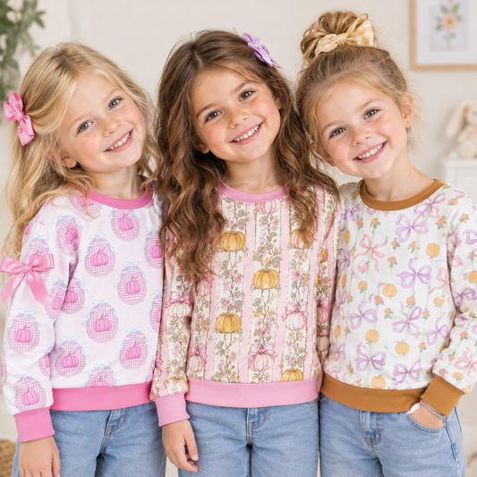 RTS NO MOQ Sibling Baby Girls Long Sleeve Flowers Pumpkins Bows Fall T-shirts Top