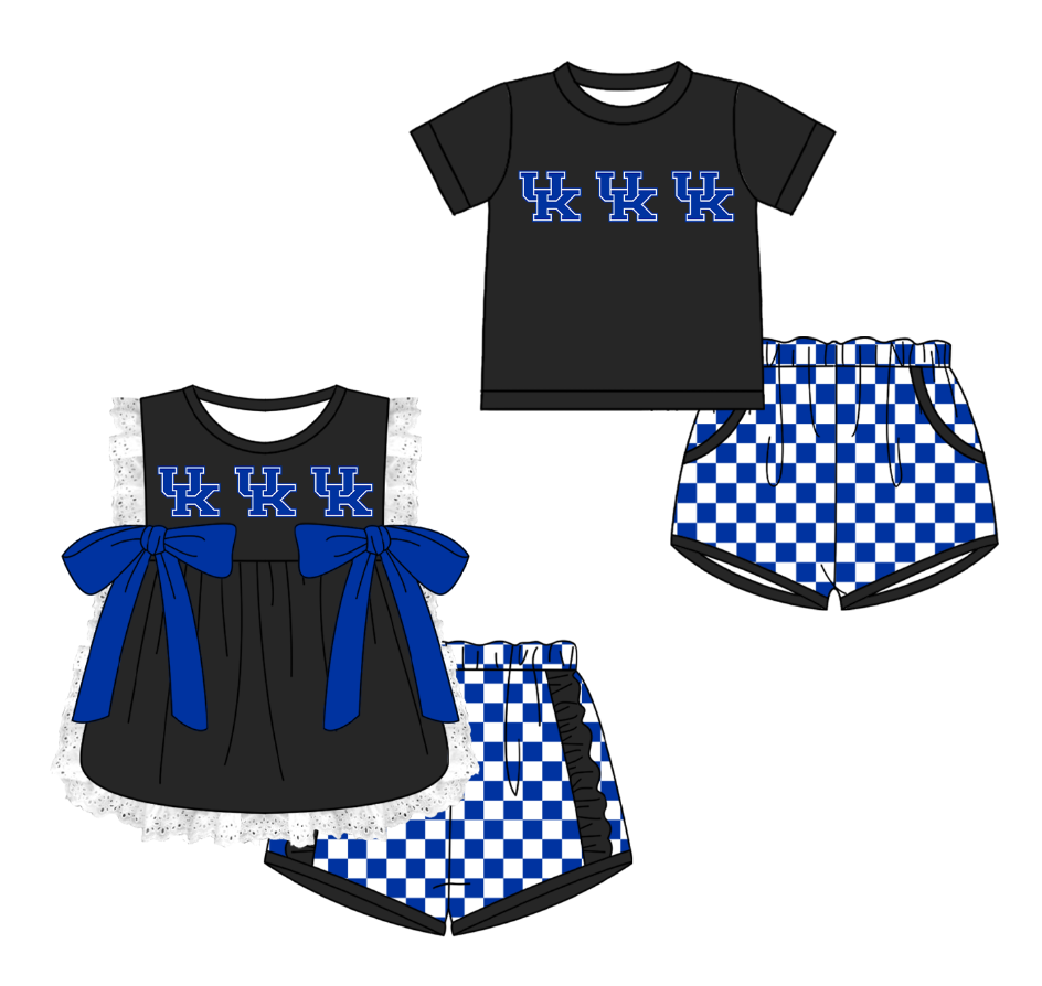 CUSTOM MOQ 5 Cute Comfortable Clothing For Kids Sibling Boys Baby Girls Summer Black UK Top Checked Shorts Team Clothes Sets