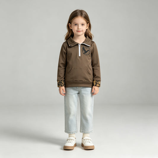 GT1698 RTS NO MOQ （In stock）milk silk GT1698 Baby Girls Hunting Olive Green Duck Print Long Sleeve Zip Pocket Pullover Top