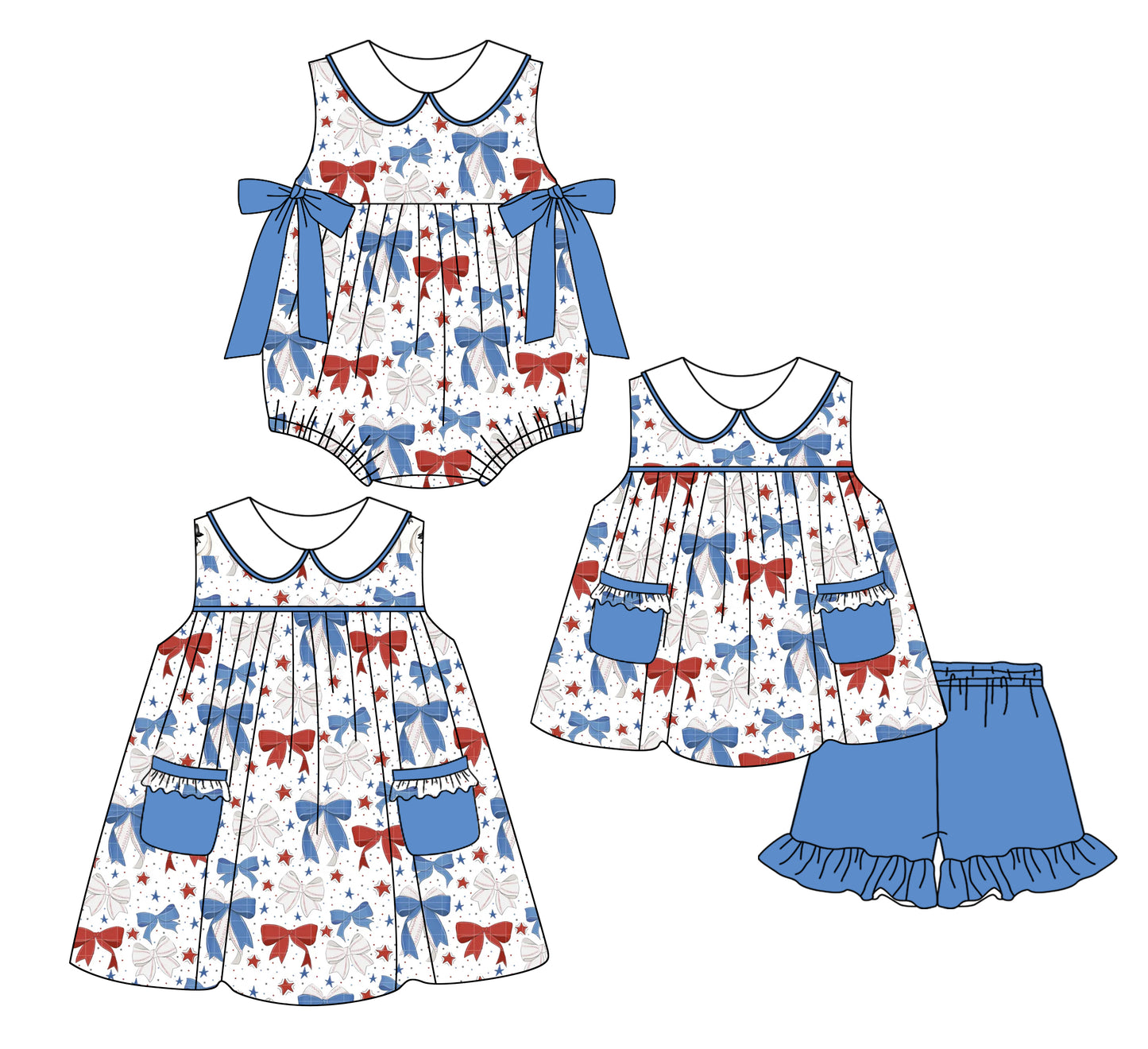 Girls Sleeveless Red Blue Bow Tunic Shorts Set 4th of July Patriotic Clothing for Kids