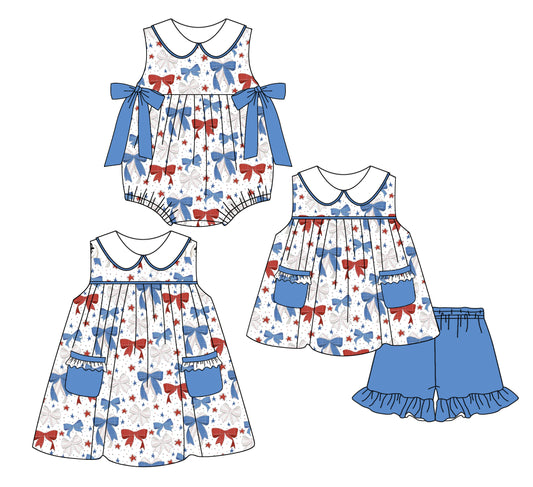 Girls Sleeveless Red Blue Bow Tunic Shorts Set 4th of July Patriotic Clothing for Kids