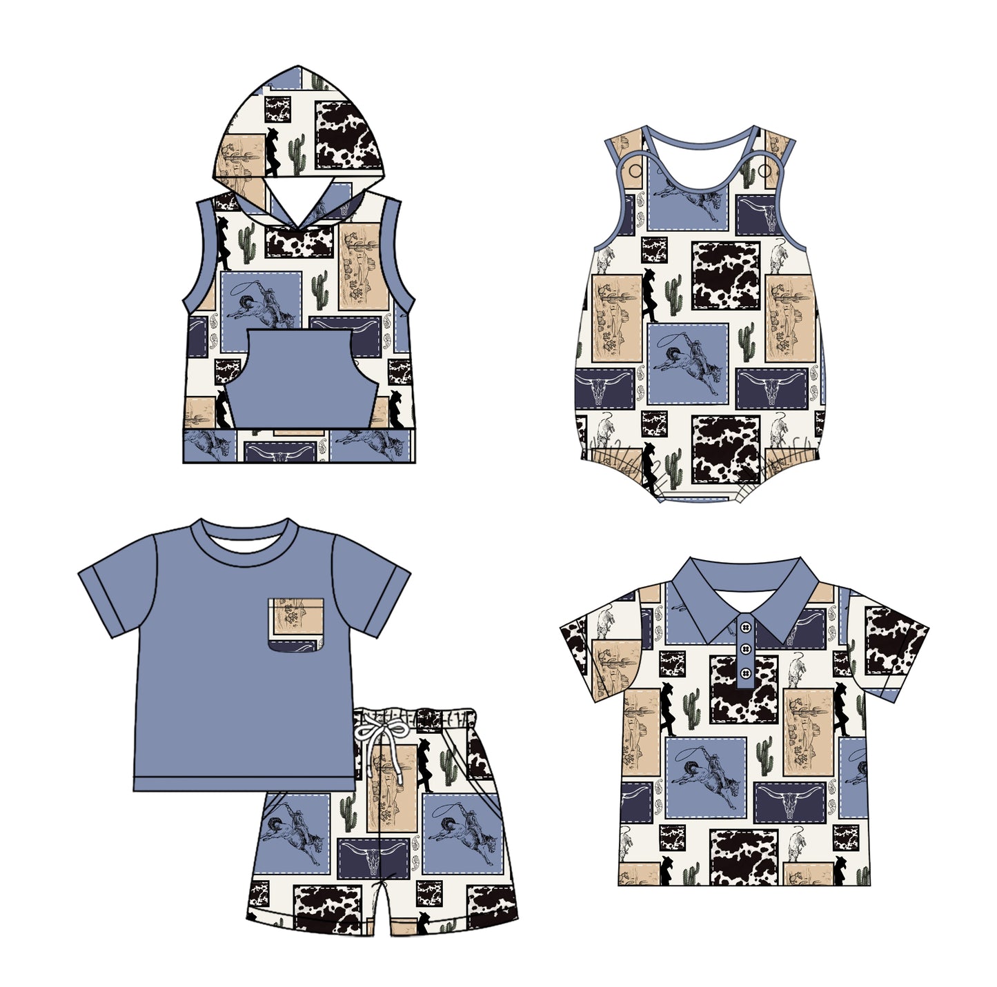 Baby Boys Blue Short Sleeves Pocket Top Cactus Horse Rodeo Short Western Set