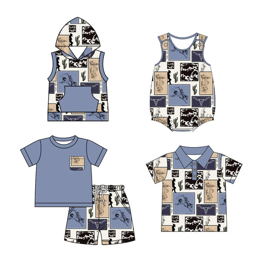 Baby Boys Blue Short Sleeves Pocket Top Cactus Horse Rodeo Short Western Set