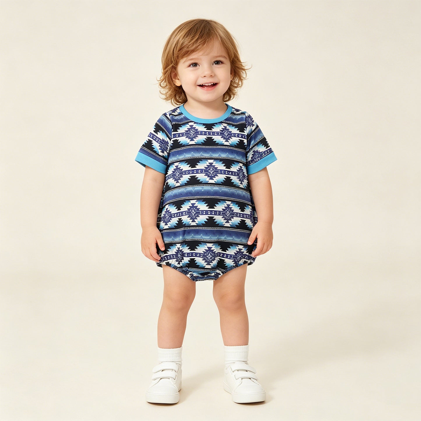 SR3709 RTS NO MOQ （In stock）Short sleeves blue black aztec baby boy western romper