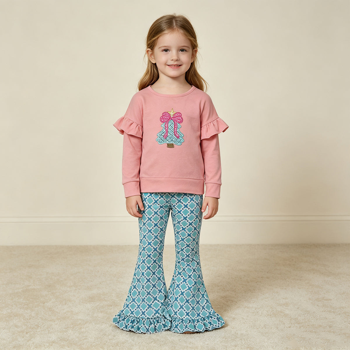 RTS NO MOQ milk silk GLP3548 Embroidery Bow Trees Baby Girls Polka Dots Top Ruffle Pant Christmas Clothes Sets
