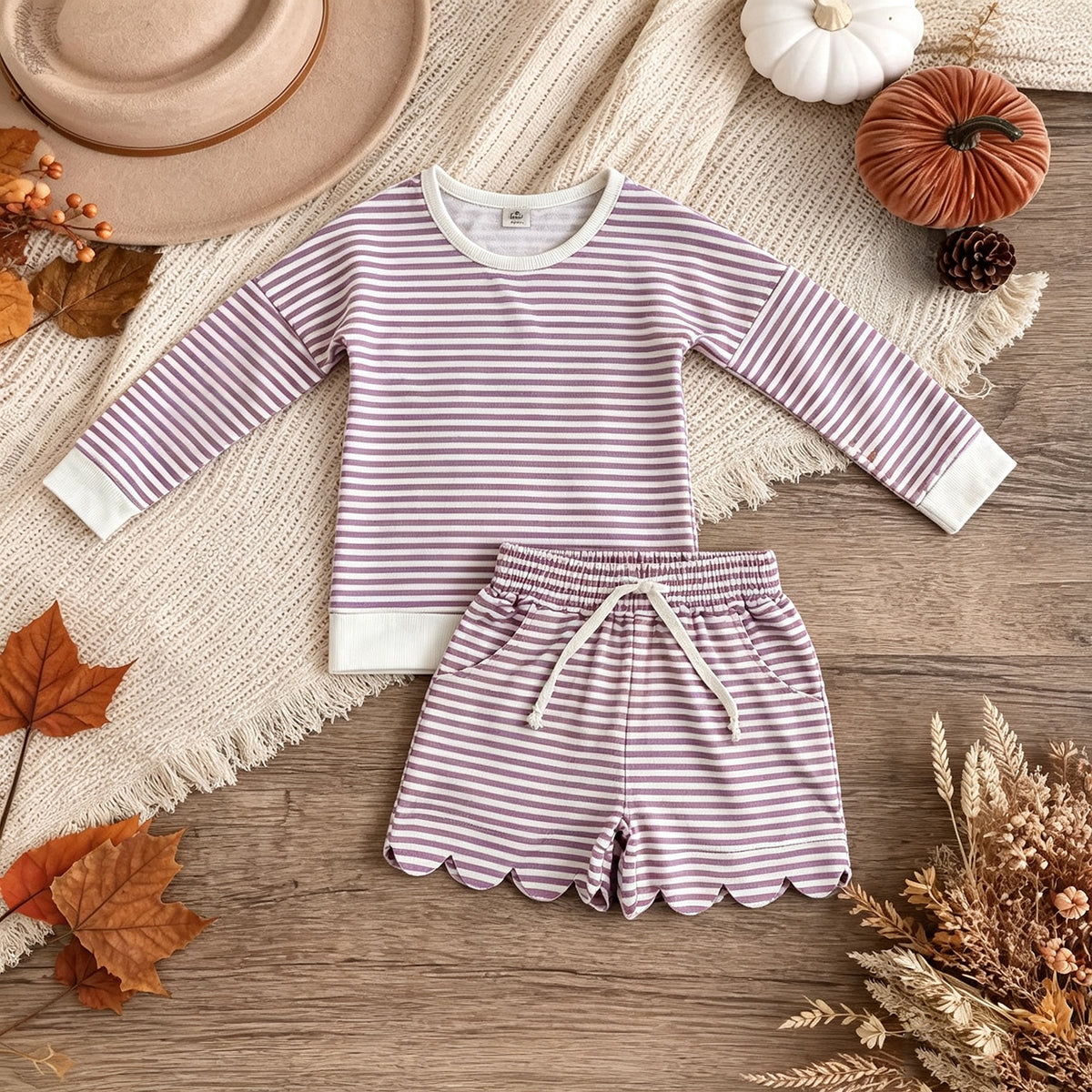 RTS NO MOQ （In stock） yoga fabric GLS0155 Yoga Baby Girls Purple Stripe Shirt Top Scallop Short Yoga Active Set