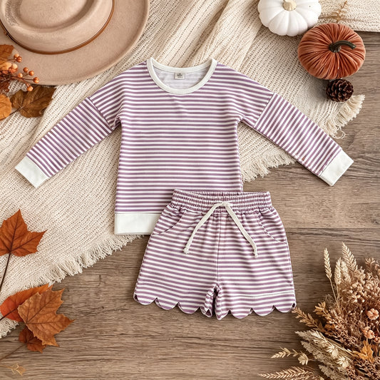 RTS NO MOQ （In stock） yoga fabric GLS0155 Yoga Baby Girls Purple Stripe Shirt Top Scallop Short Yoga Active Set